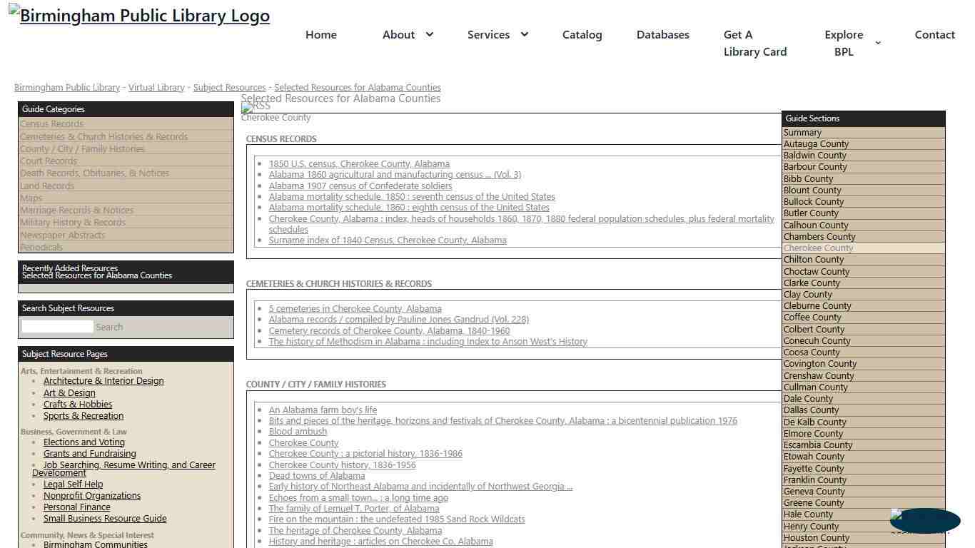 Birmingham Public Library - Virtual Library - Subject Resources - Selected Resources for Alabama Counties